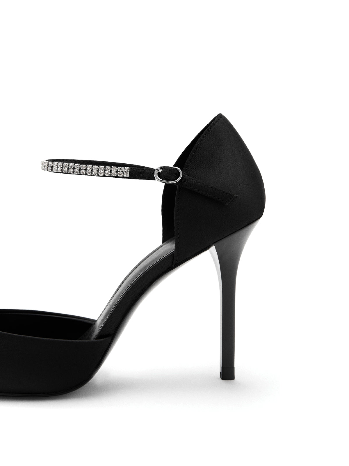 Black Satin Pointed-Toe Rhinestones Strappy Ankle Strap High Heels