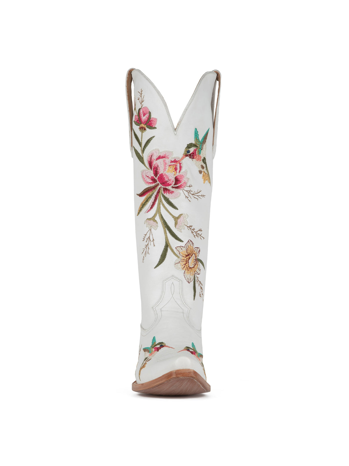 White Snip-Toe Vivid Flowers And Bird Embroidery Wide Calf Knee High Cowgirl Boots