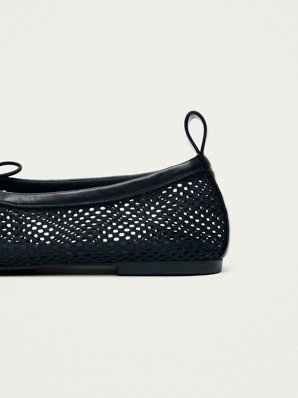 Black Mesh And Vegan Leather Square-Toe Middle Bow Ballet Flats
