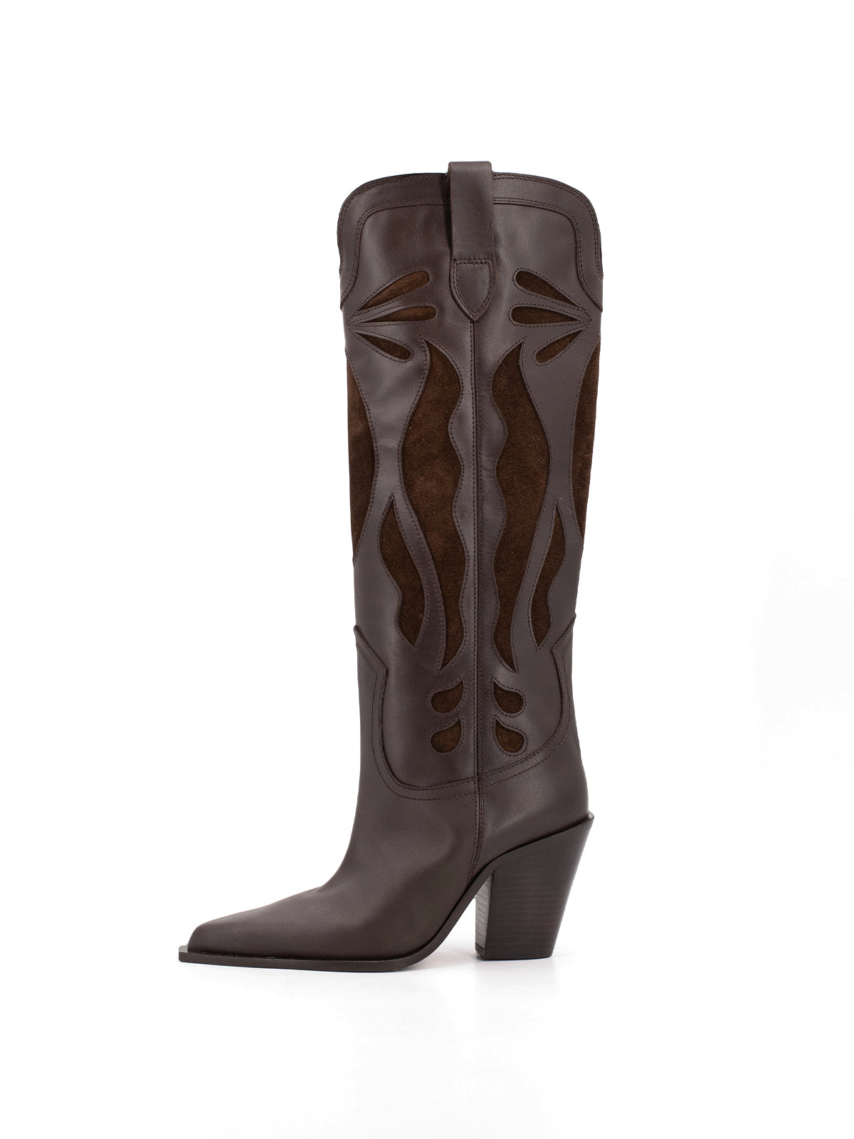 Dark Brown Pointed-Toe Inlays Knee High Tall Wide Calf Cowgirl Boots