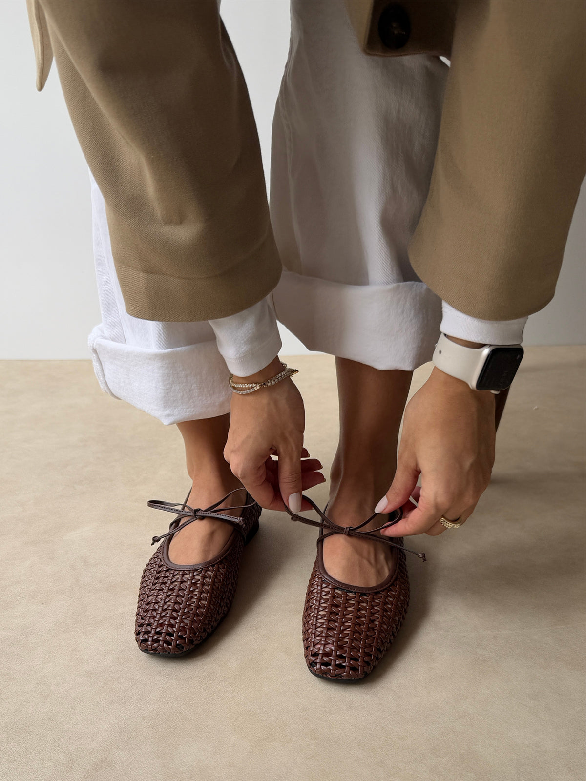 Coffee Woven Vegan Leather Square-Toe Mary Jane Stylish Ballet Flats