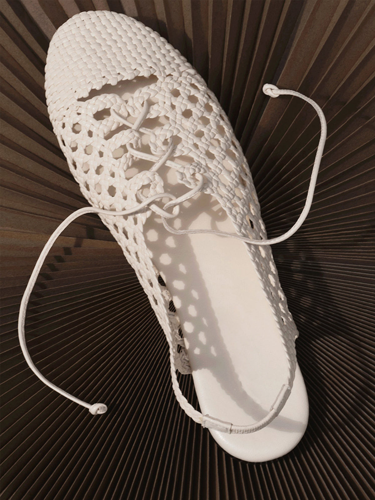 Ivory Woven Vegan Leather Round-Toe Lace-Up And Back Strap Flats