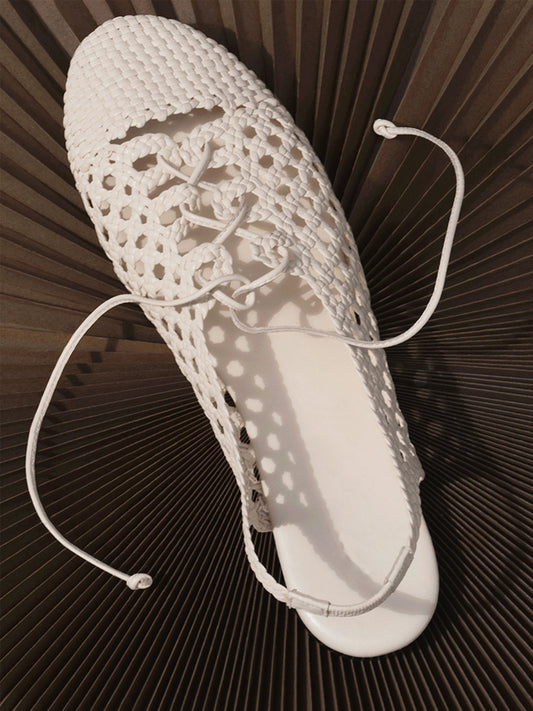 Ivory Woven Vegan Leather Round-Toe Lace-Up And Back Strap Flats