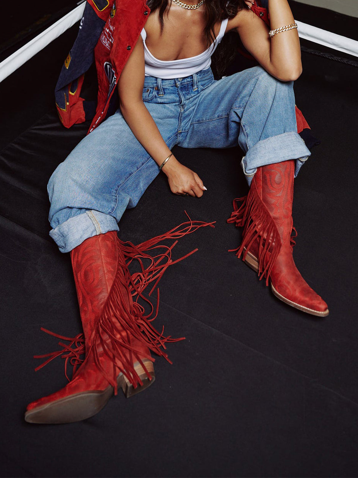 Red Snip-Toe Faux Suede Side Fringe Embroidery Wide Calf Knee High Cowgirl Boots