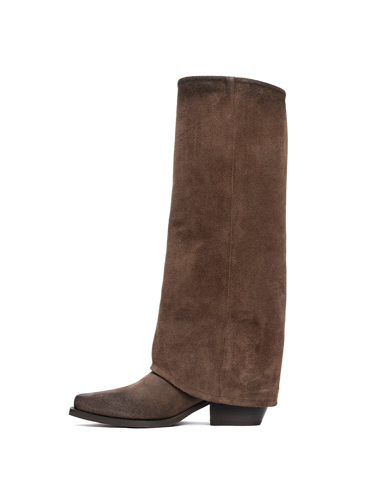 Tobacco Faux Suede Snip-Toe Side Studded Fringe Fold-Over Knee High Cowgirl Boots