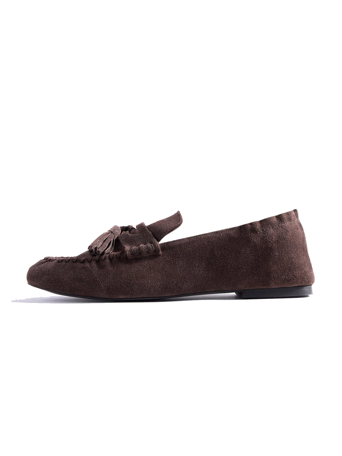 Brown Cow Suede Round-Toe Front Fringe Chic Loafers Slip-On Flats