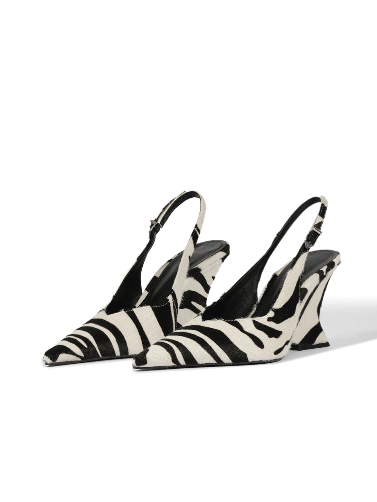 Zebra Pointed-Toe Slip-On Buckle Slingback Pumps