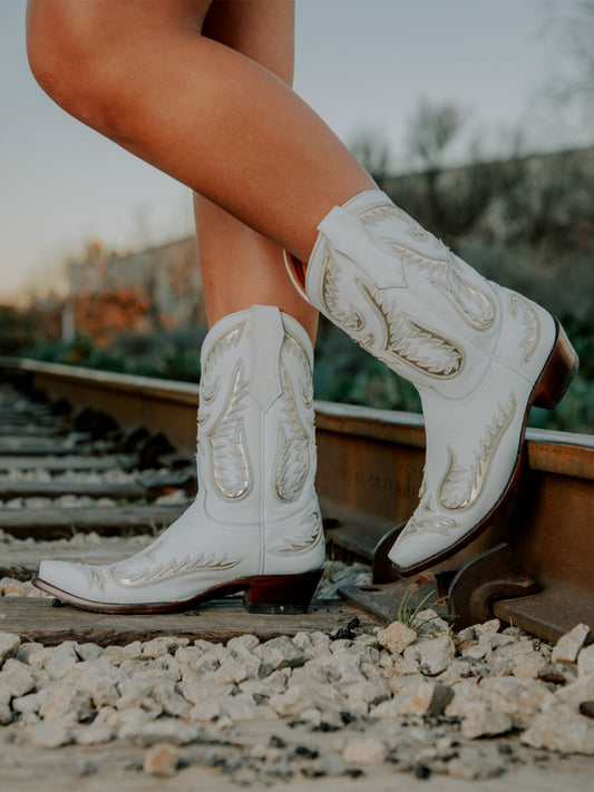 White Snip-Toe Embroidery Metallic Gold Inlay Mid Calf Cowgirl Boots