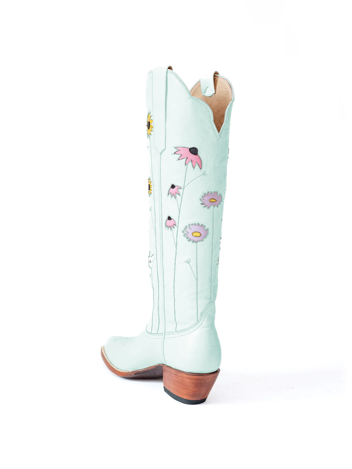 Sky Blue Almond-Toe Colorful Flowers Inlay Wide Calf Knee High Cowgirl Boots