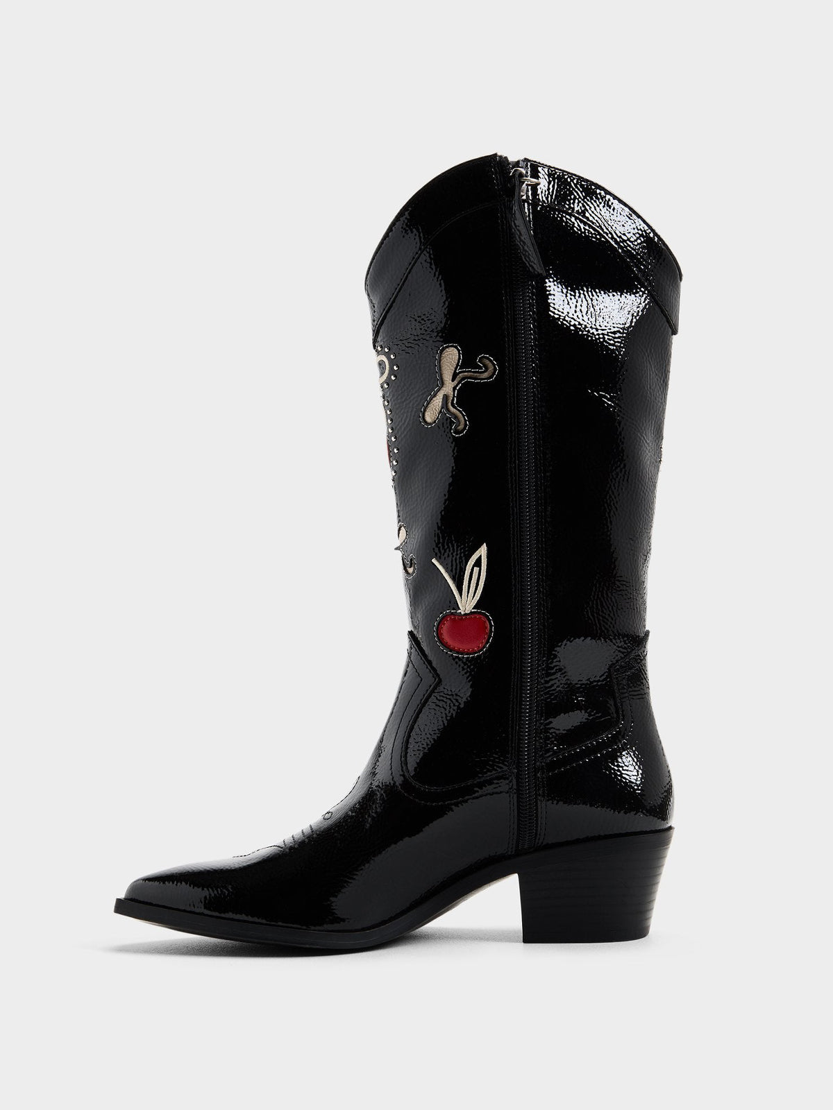 Patent Black Pointed-Toe Cherry And Bow Inlay And Studs Mid Calf Cowgirl Boots