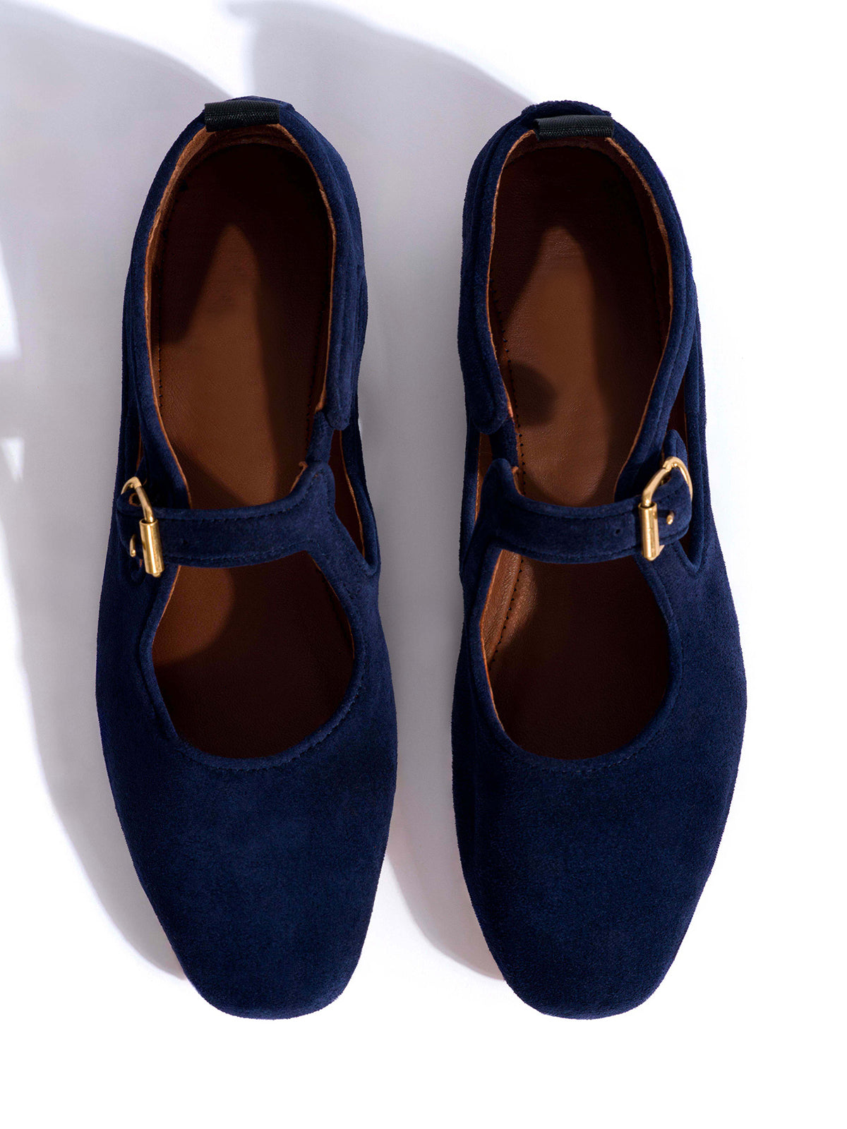 Square-Toe Buckle Strap Chic Flats - Navy Faux Suede