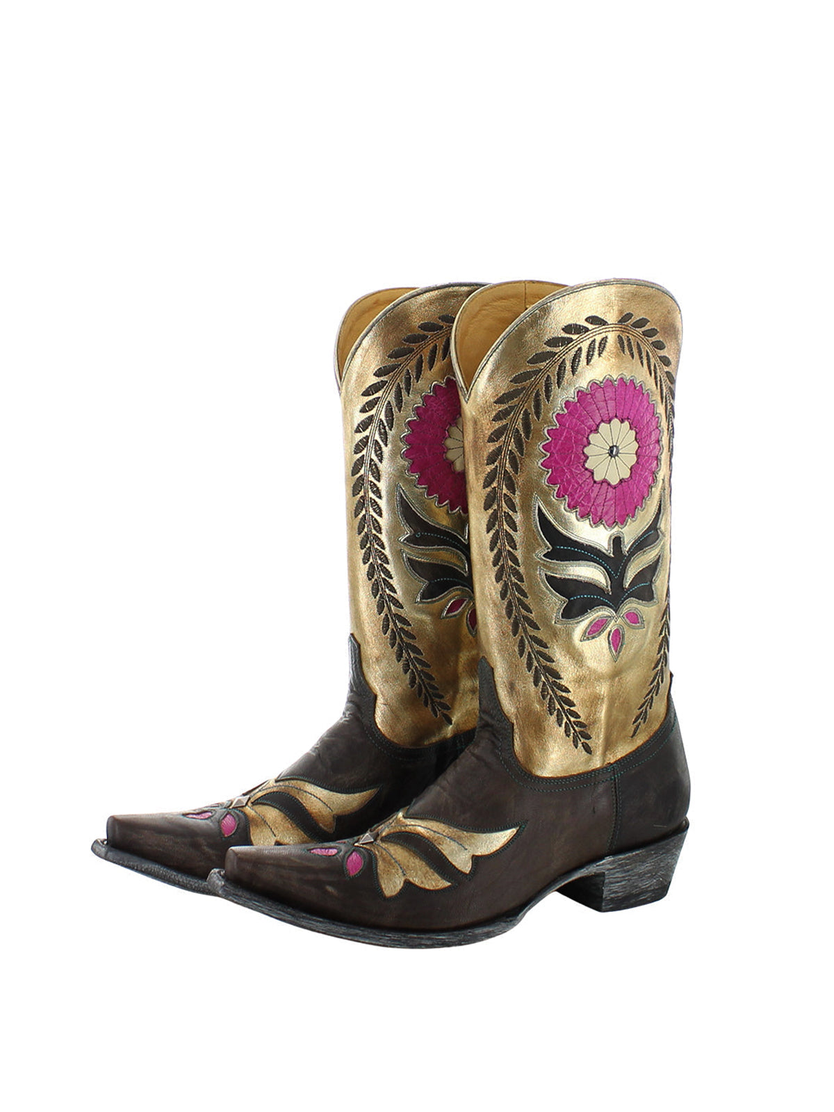 Contrast Gold And Chocolate Snip-Toe Sunflower Inlay Rice Ears Embroidery Mid Calf Cowgirl Boots