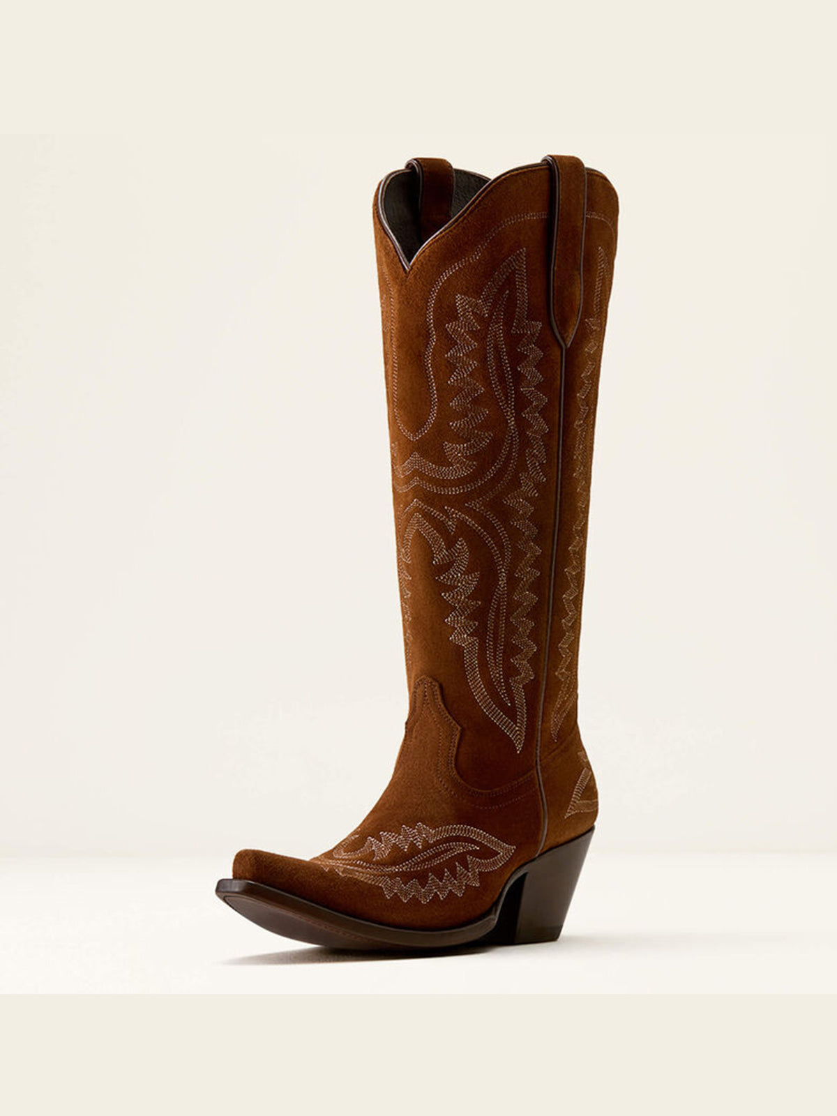 Western Embroidery Tall Snip-Toe Half-Zip Knee High Cowgirl Boots - Dark Tan Faux Suede
