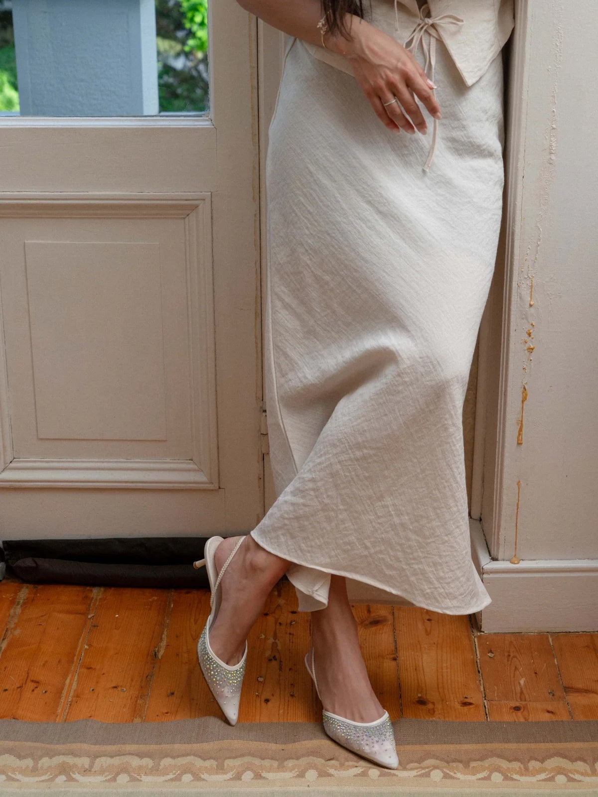 White Rhinestone Mesh Pointed-Toe Slingback Kitten Heels