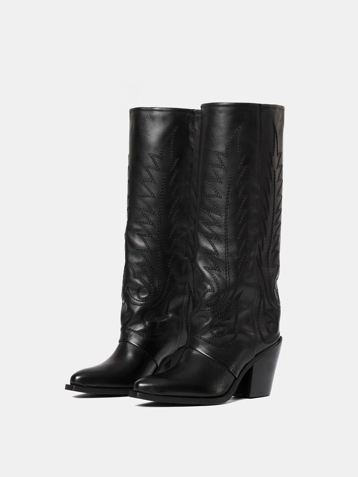 Black Snip-Toe Vegan Leather Classic Embroidery Mid Calf Cowgirl Boots