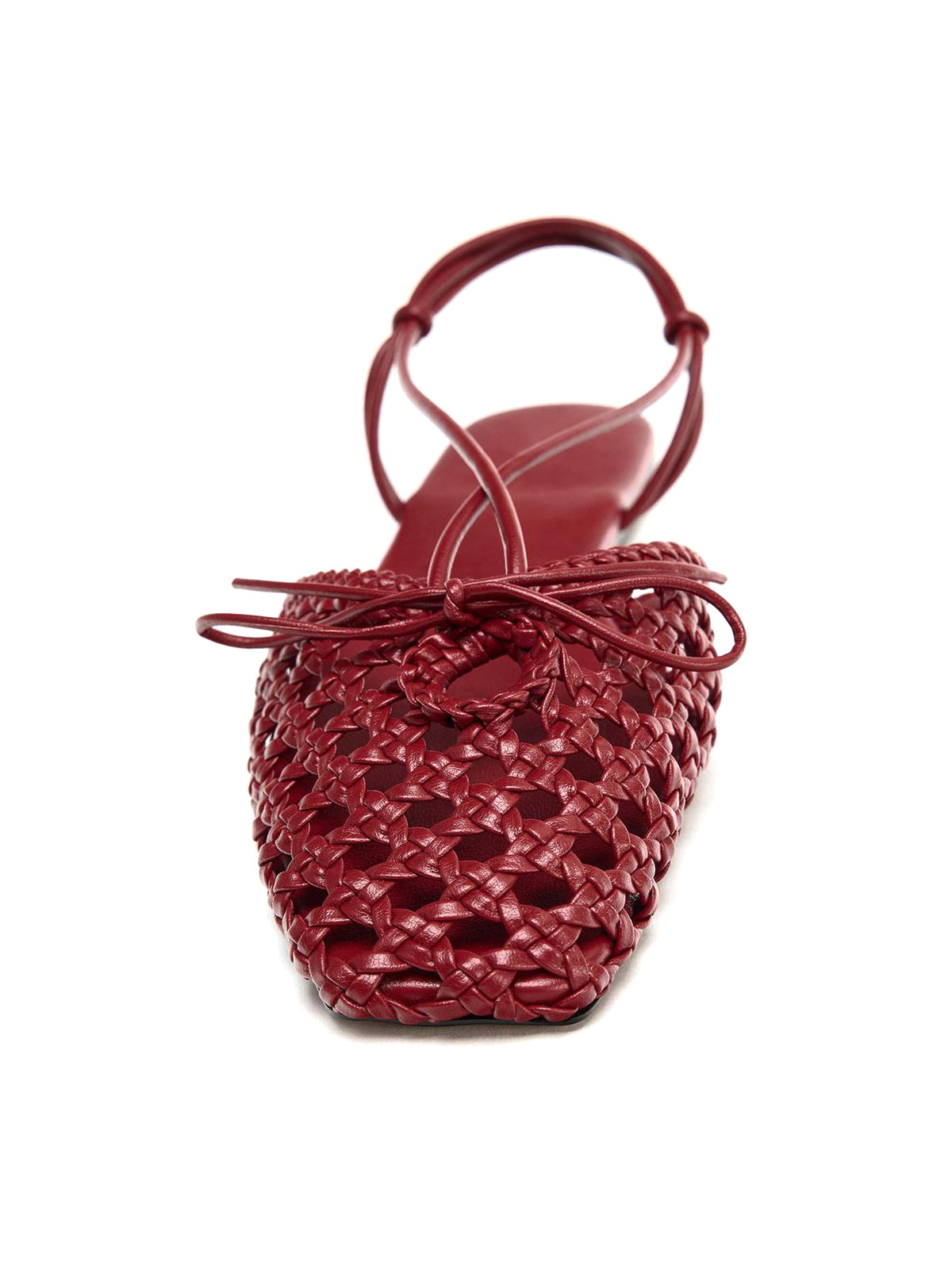 Red Woven Vegan Leather Square-Toe Front Bow Ankle Strap Flats