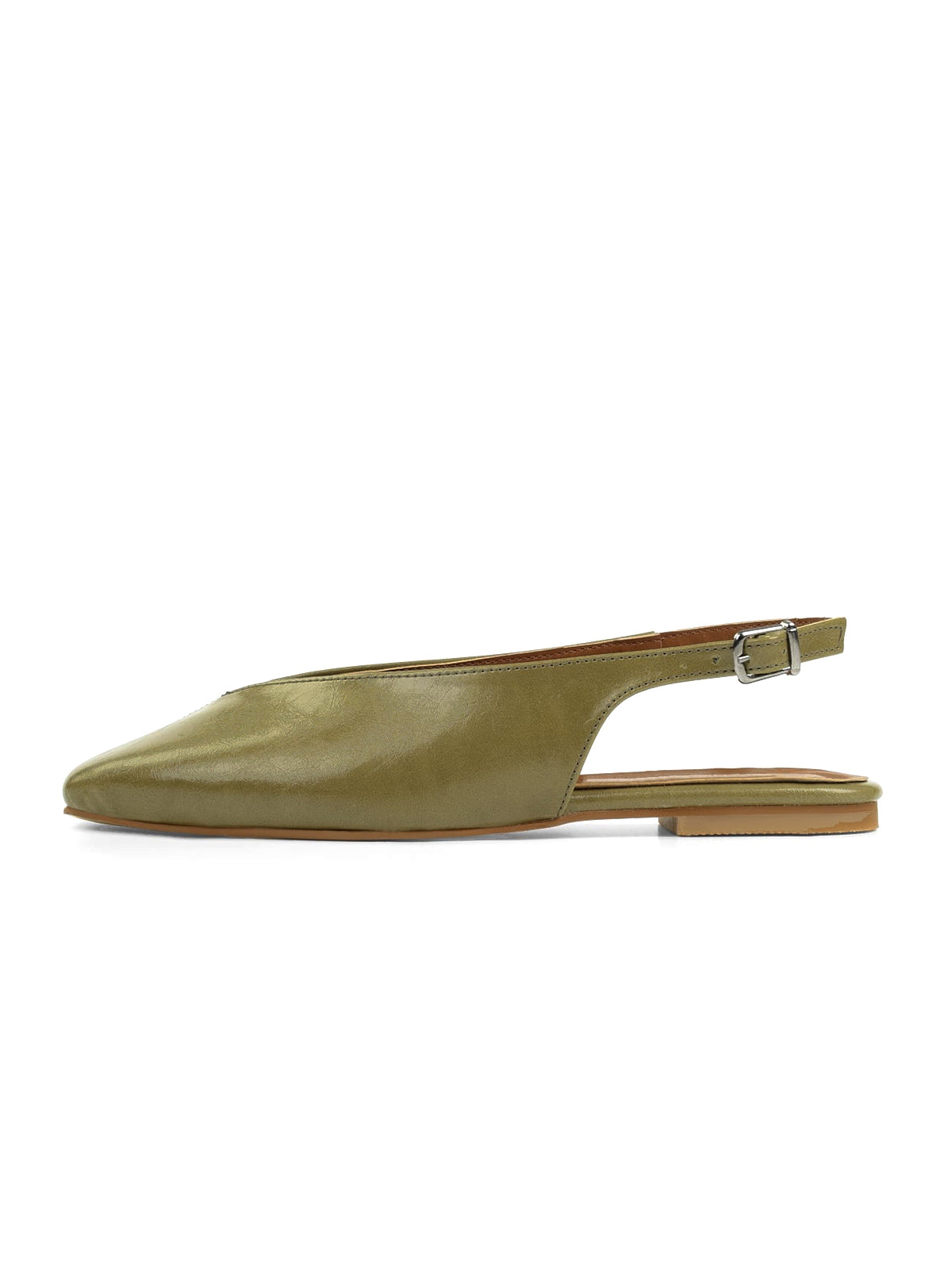 Olive Green Square-Toe Classic Buckle Back Strap Slip-On Flats