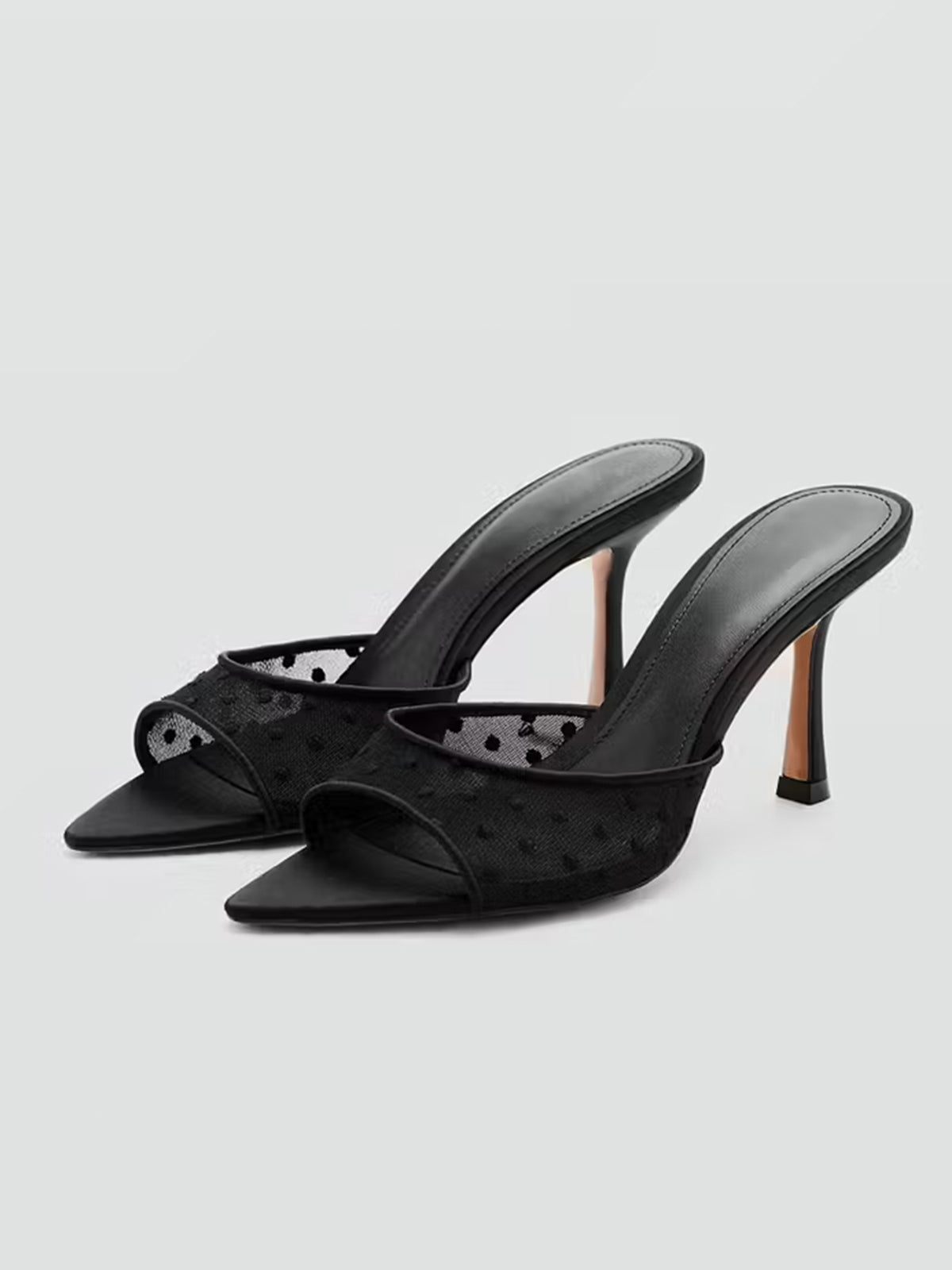 Black Mesh And Vegan Leather Pointed-Toe Backless Slip-On High Heels