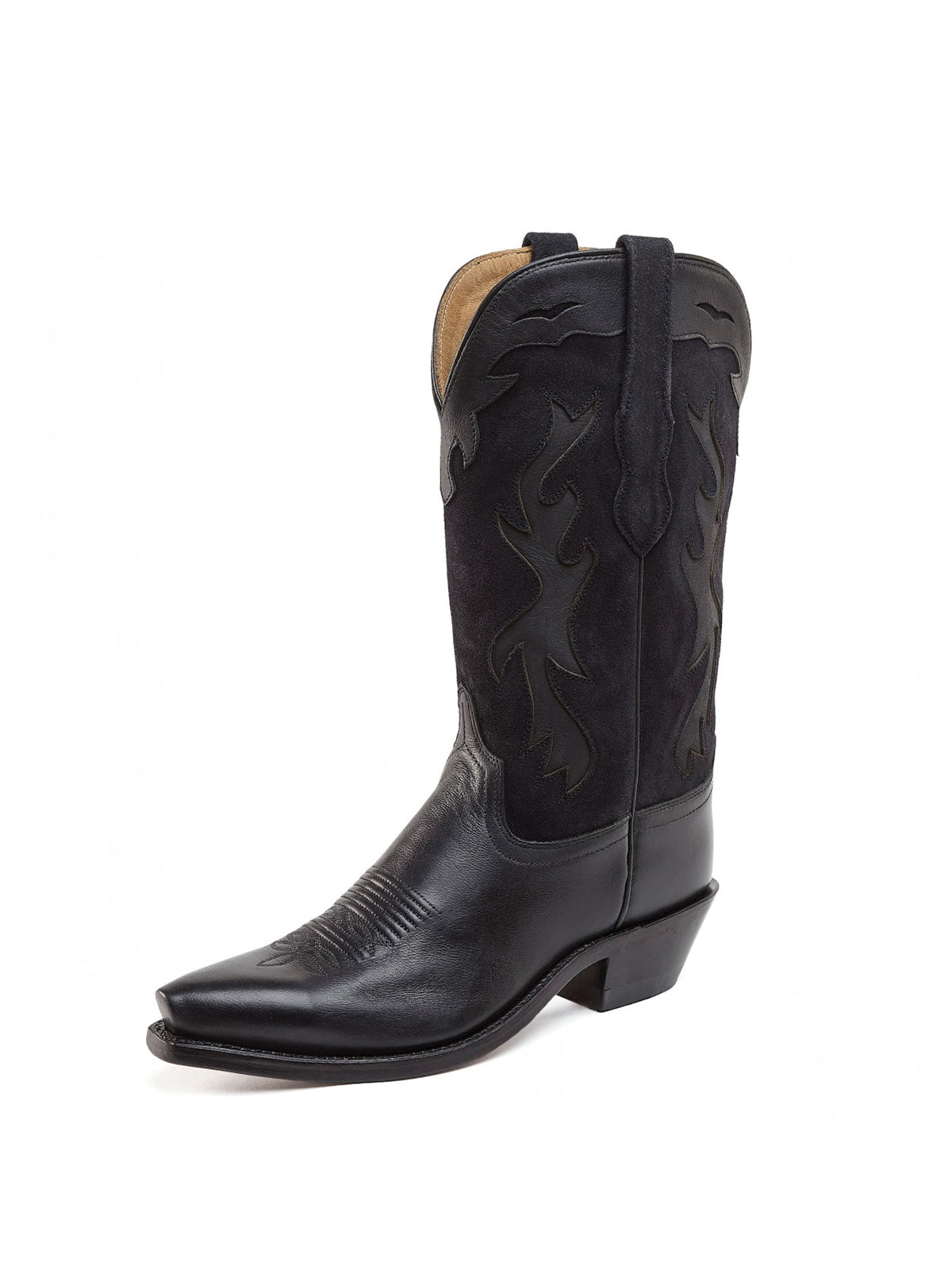 Black Faux Suede Western Embroidery Snip-Toe Mid Calf Cowgirl Boots