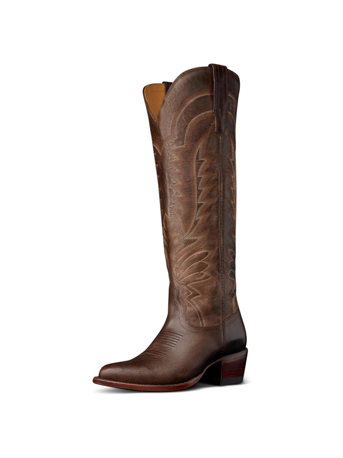 Western Embroidery Almond-Toe Tall Knee High Cowgirl Boots - Mocha