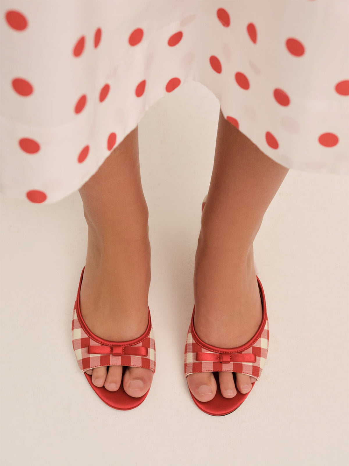Red Satin And Gingham Round-Toe Bow Kitten Heels