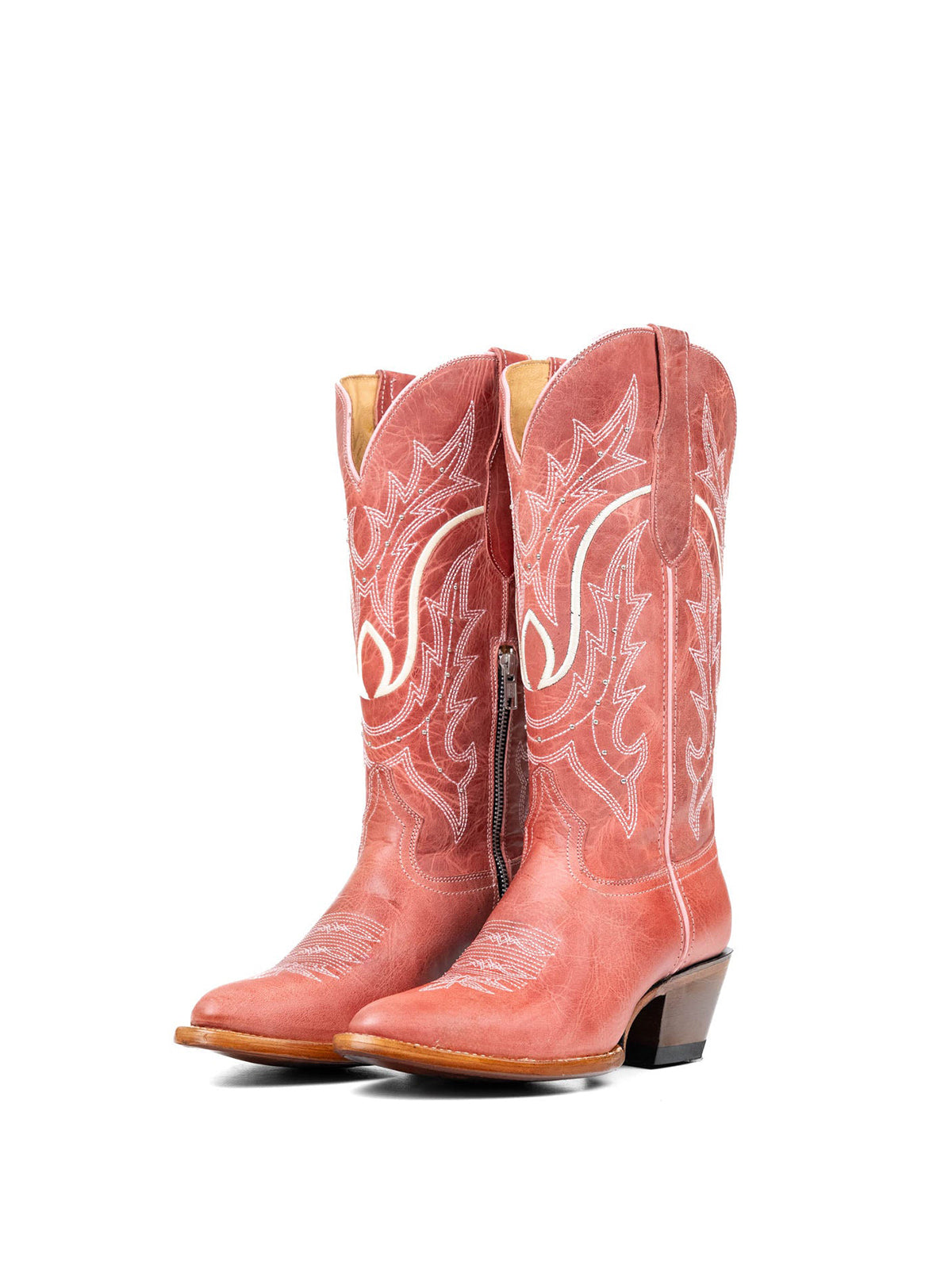 Pink Almond-Toe Embroidery With Studs Half-Zip Mid Calf Cowgirl Boots