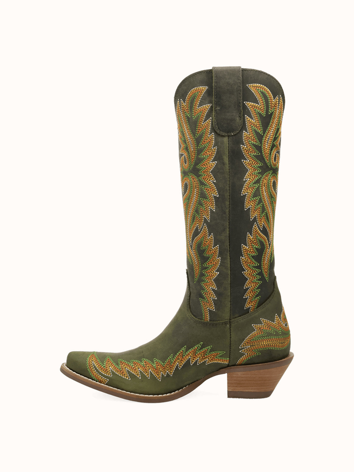 Olive Green Snip-Toe Chic Flame Embroidery Sleek Mid Calf Cowgirl Boots