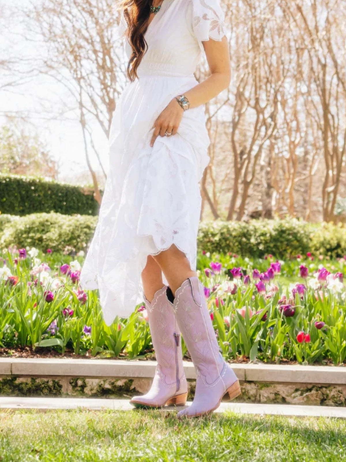 Almond-Toe Elegant Flowers Embroidery Knee High Half-Zip Cowgirl Boots - Lavender