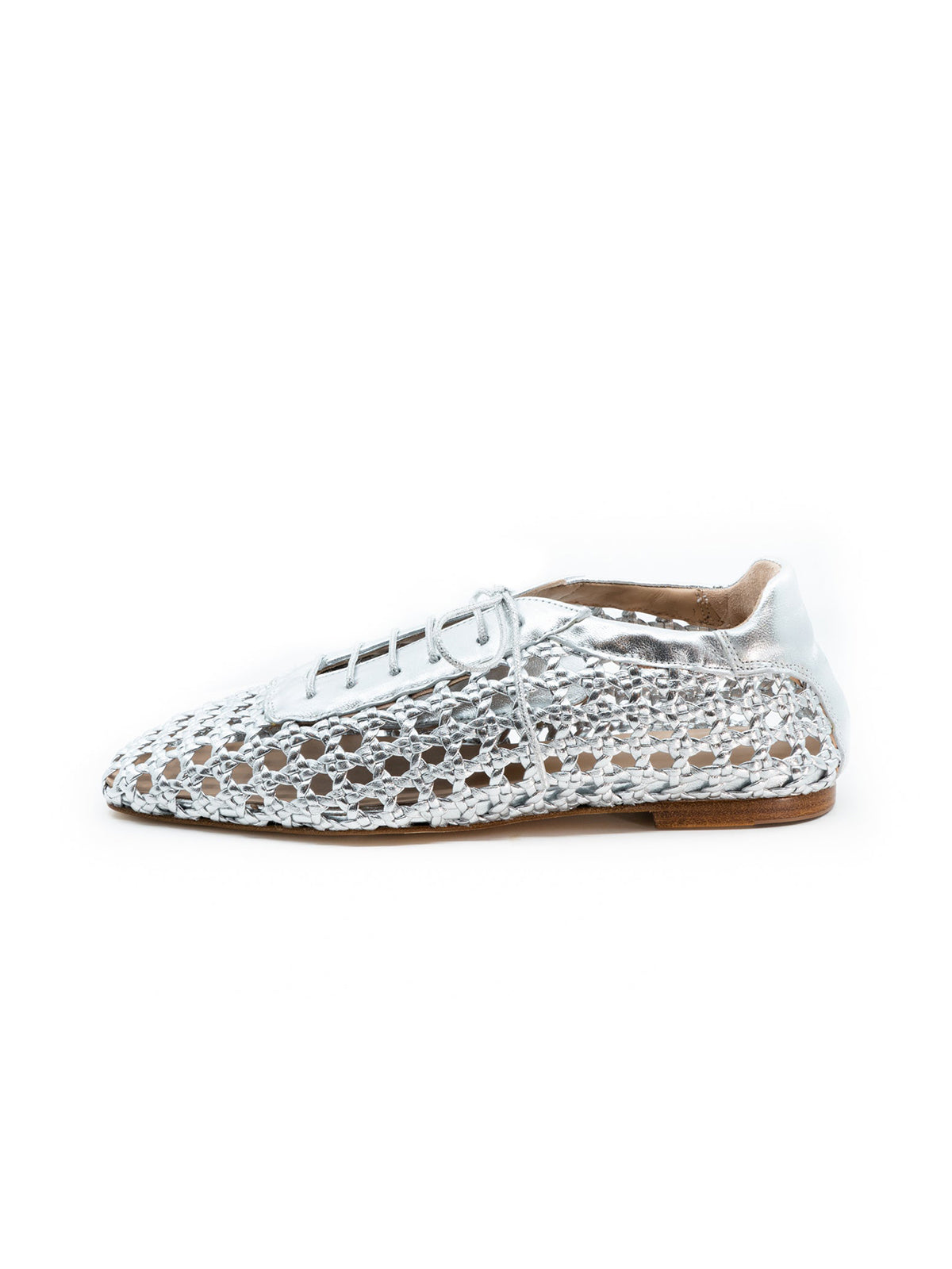 Metallic Silver Woven Vegan Leather Square-Toe Chic Lace-Up Flats