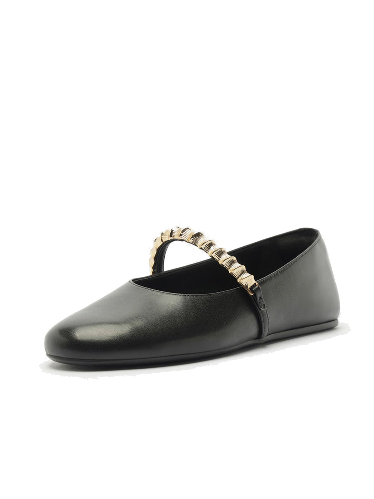 Black Round-Toe Metal Bridge Strap Chic Flats