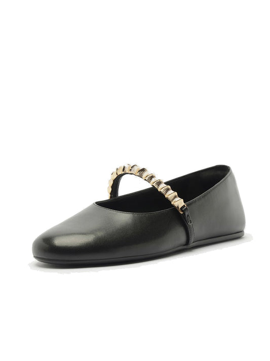 Black Round-Toe Metal Bridge Strap Chic Flats