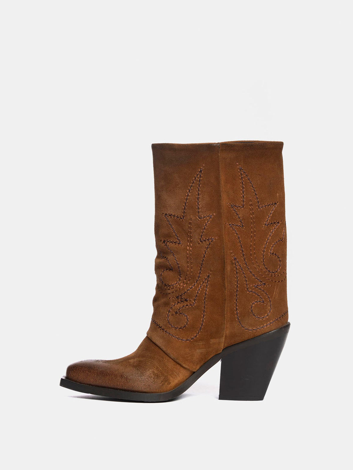 Brown Snip-Toe Faux Suede Embroidery Mid Calf Cowgirl Boots