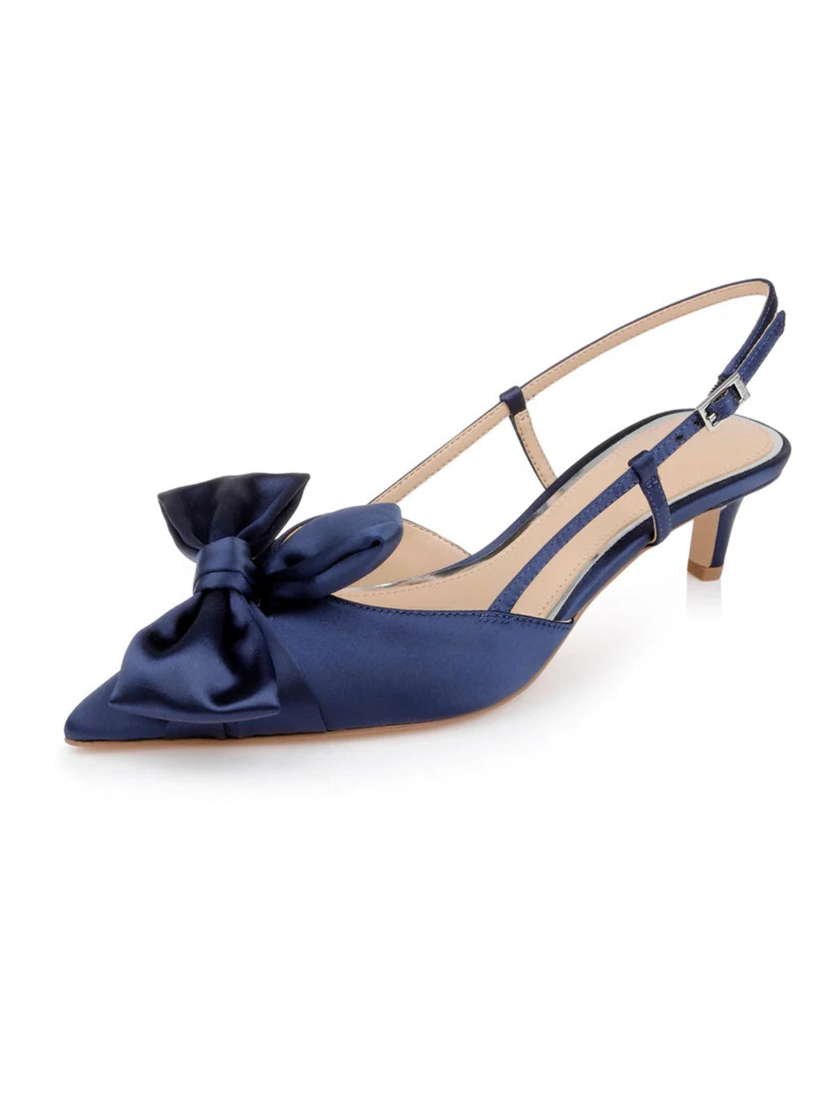 Dark Blue Satin Pointed-Toe Front Bow Slip-On Slingback Chic Kitten Heels