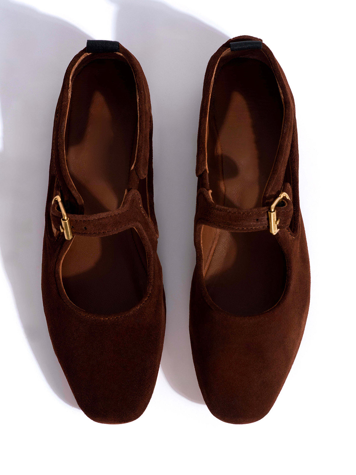 Square-Toe Buckle Strap Chic Flats - Chocolate Faux Suede