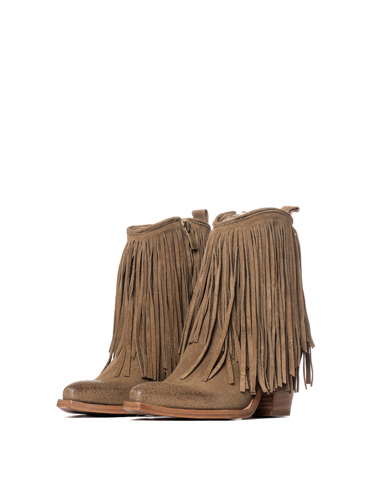 Dove Gray Faux Suede Snip-Toe Fringe Full-Zip Ankle Cowgirl Boots