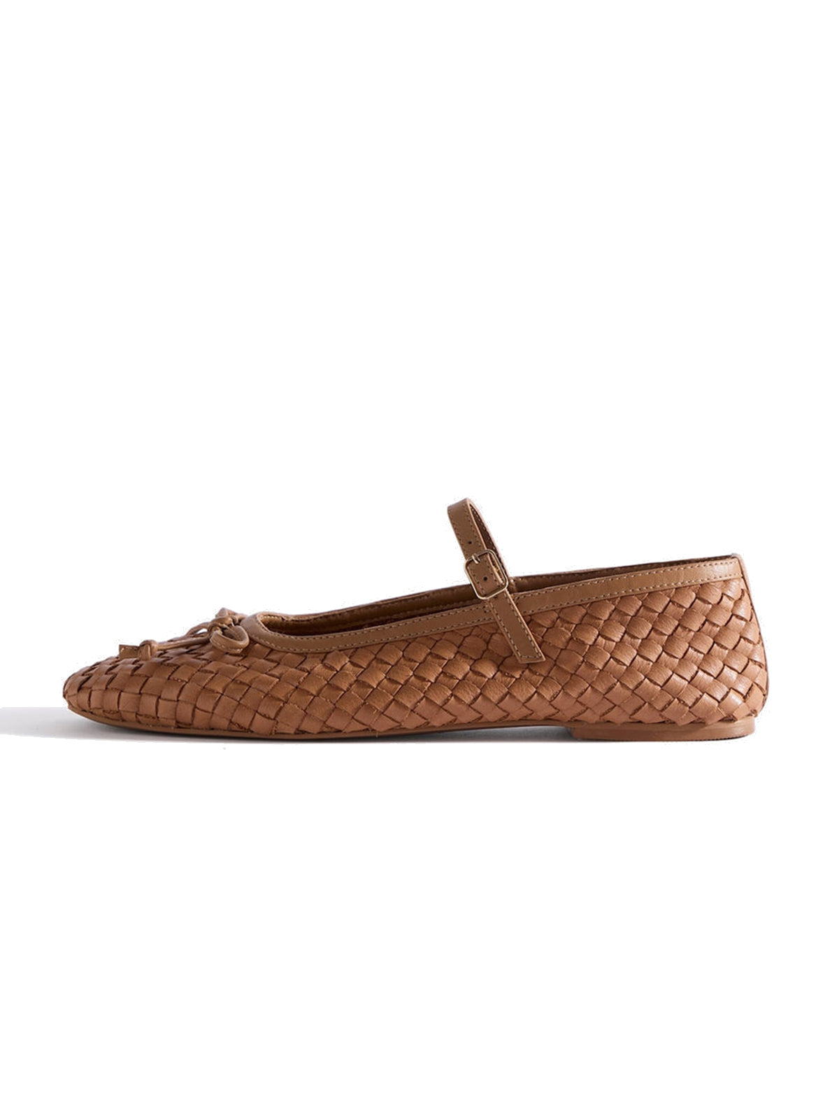 Brown Woven Vegan Leather Square-Toe Front Bow And Mary Jane Flats