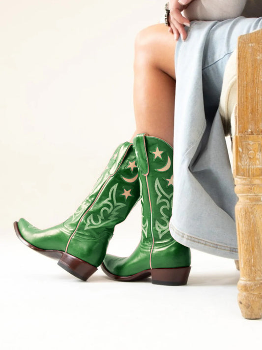 Green Snip-Toe Moon And Star Inlay Embroidery Mid Calf Cowgirl Boots