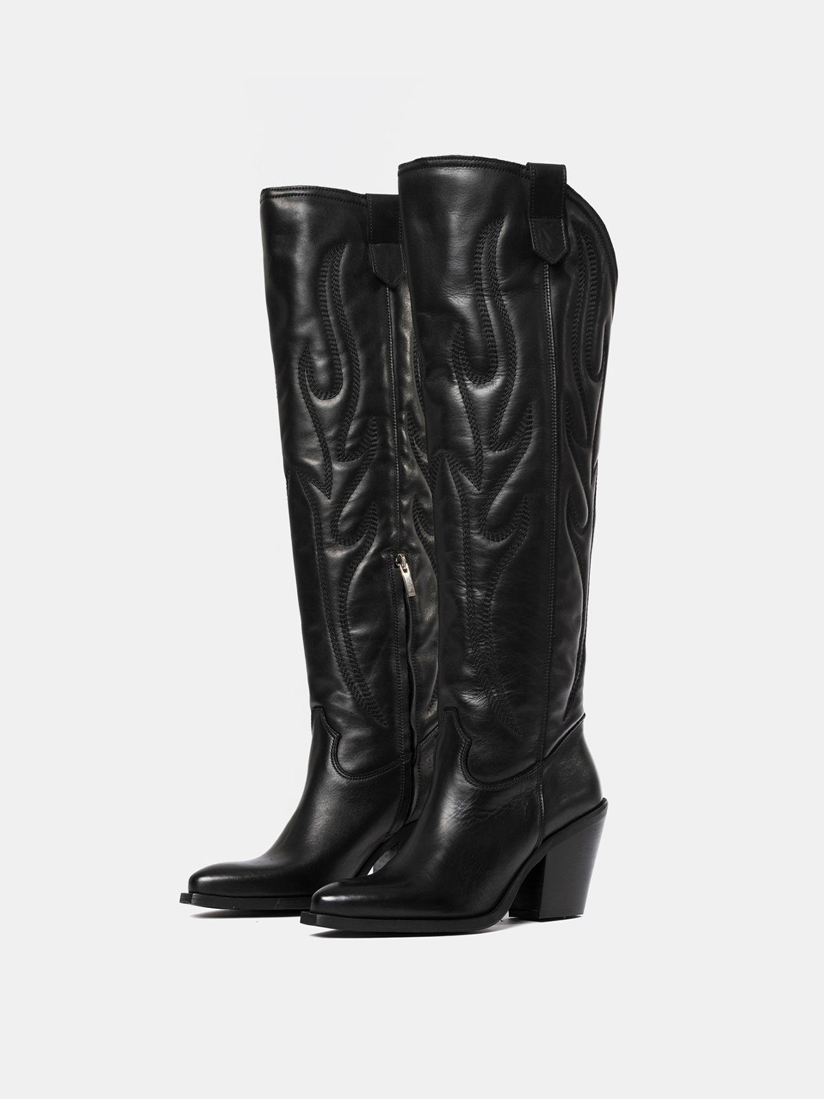 Black Classic Snip-Toe Embroidery Half-Zip Knee High Tall Cowgirl Boots