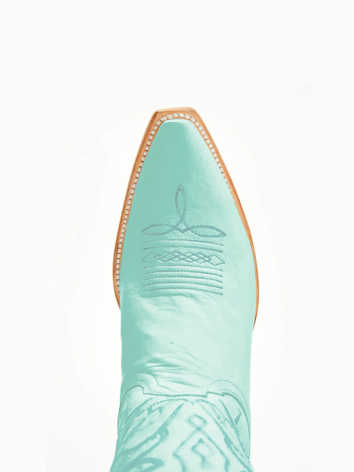 Светлоцианови каубойски ботуши с къси пръсти и бродерия с ярки птици до средата на прасеца