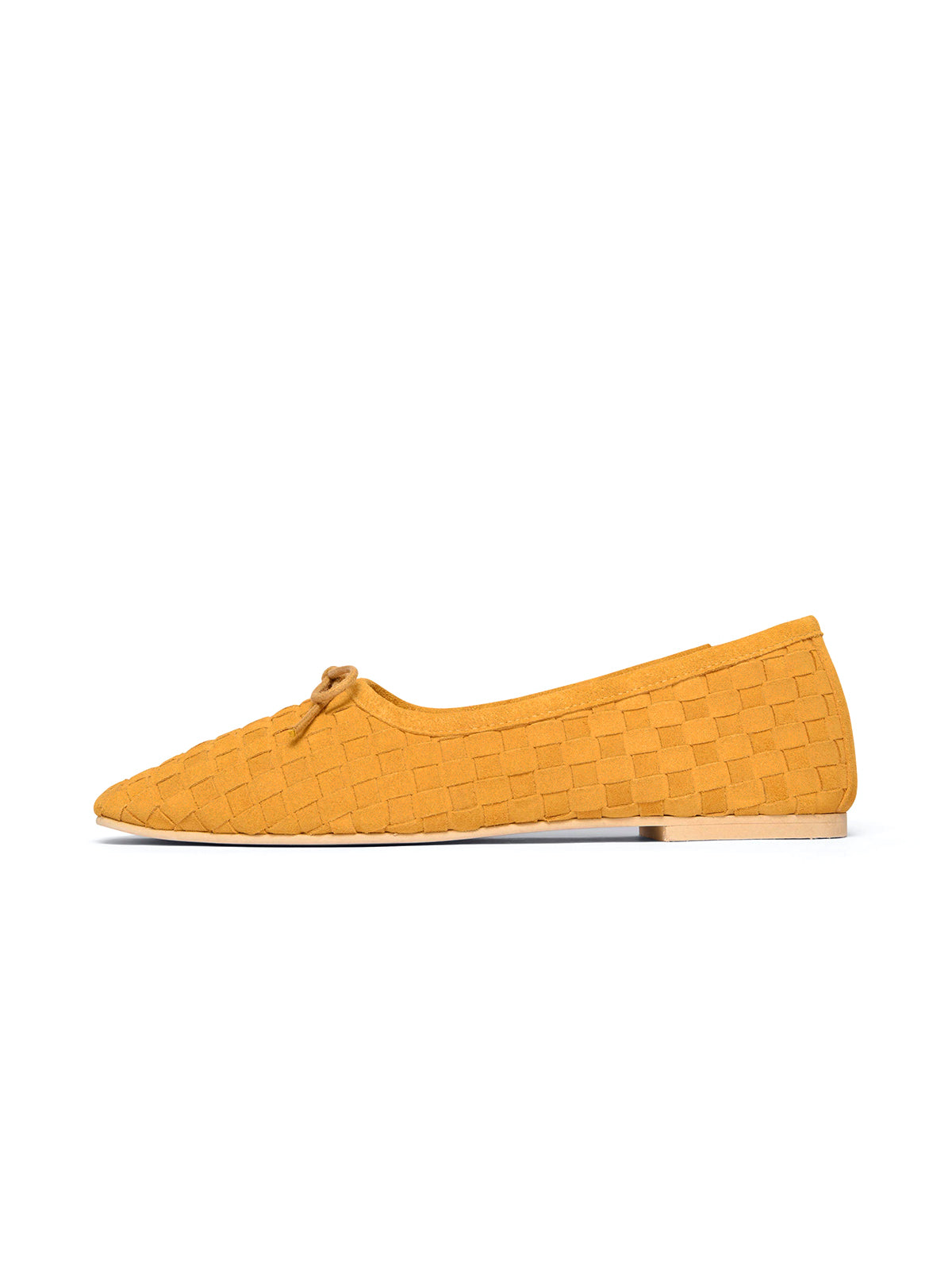Yellow Woven Faux Suede Square-Toe Front Bow Ballet Flats