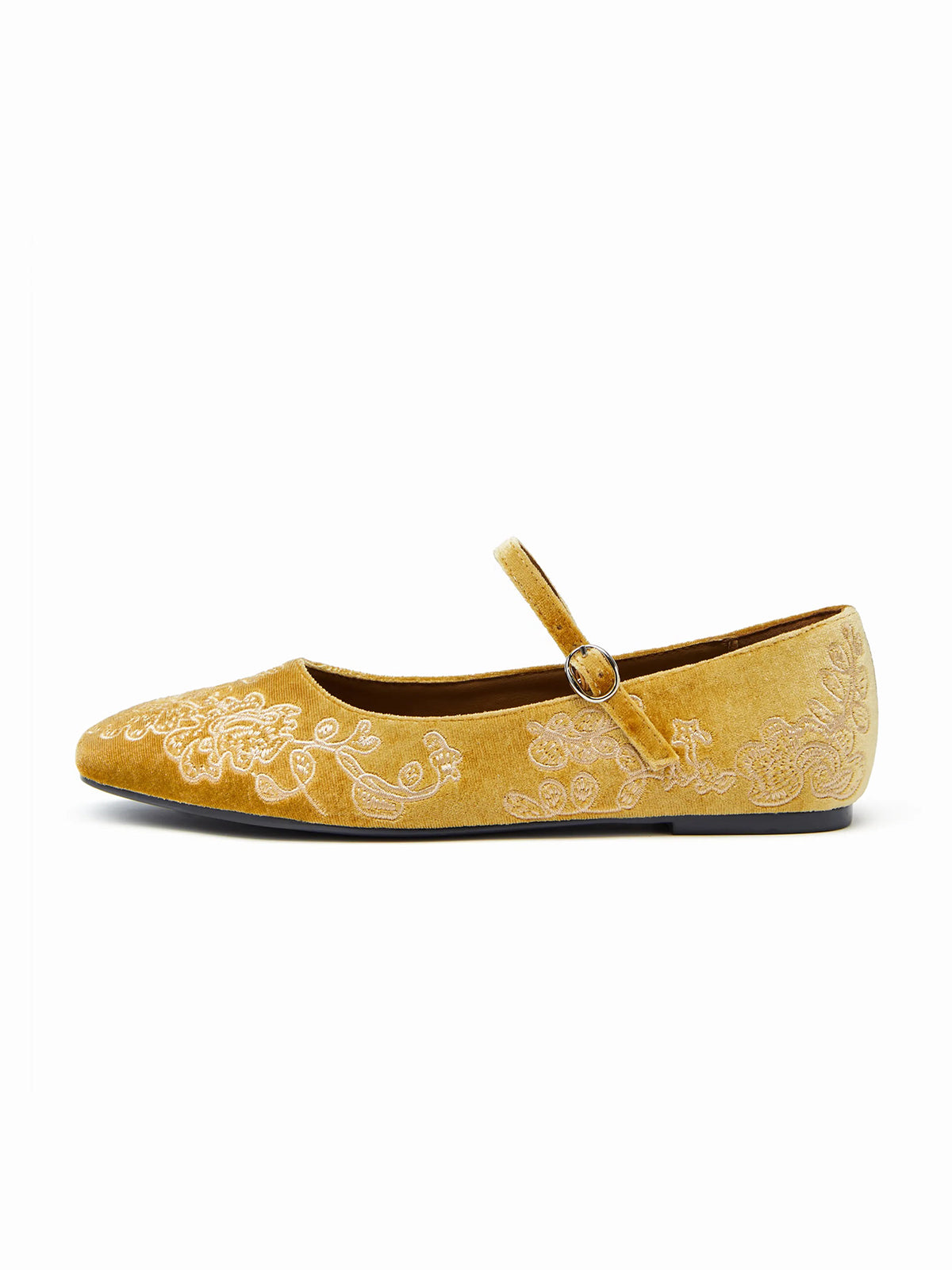 Ginger Yellow Velvet Square-Toe Leaves Embroidery Chic Mary Jane Ballet Flats