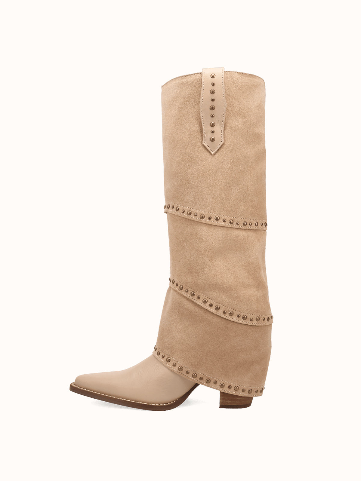 Sand Snip-Toe Faux Suede Fold-Over With Studs Wide Calf Knee High Cowgirl Boots