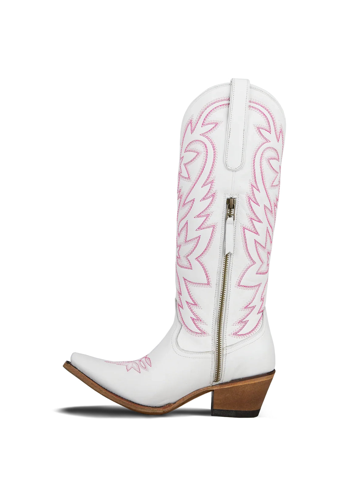 Western Snip-Toe Pink Embroidery Classic Knee High Half-Zip Cowgirl Boots - White