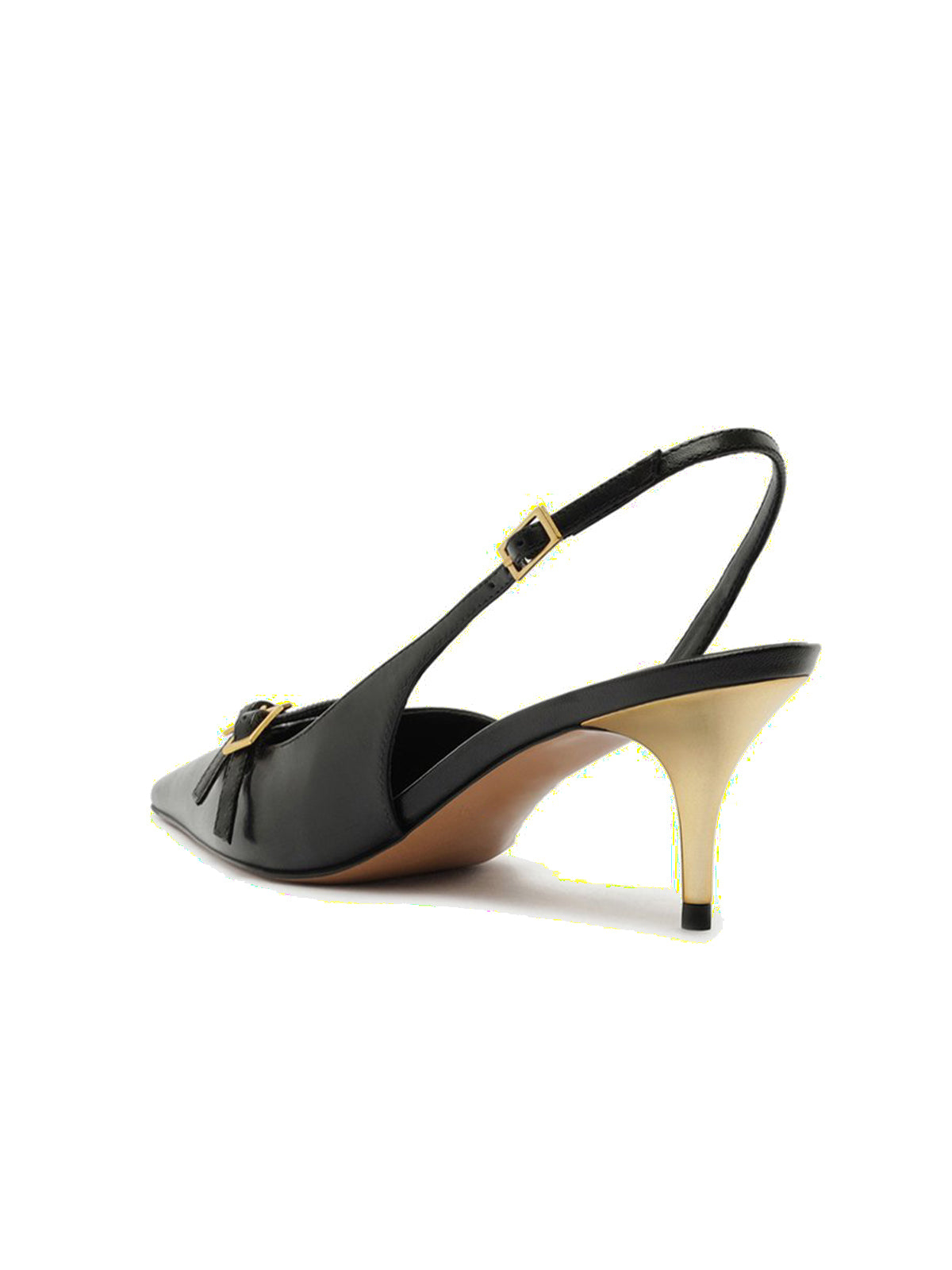 Black Pointed-Toe Front Double Buckle Straps Buckle Slingback Kitten Heels
