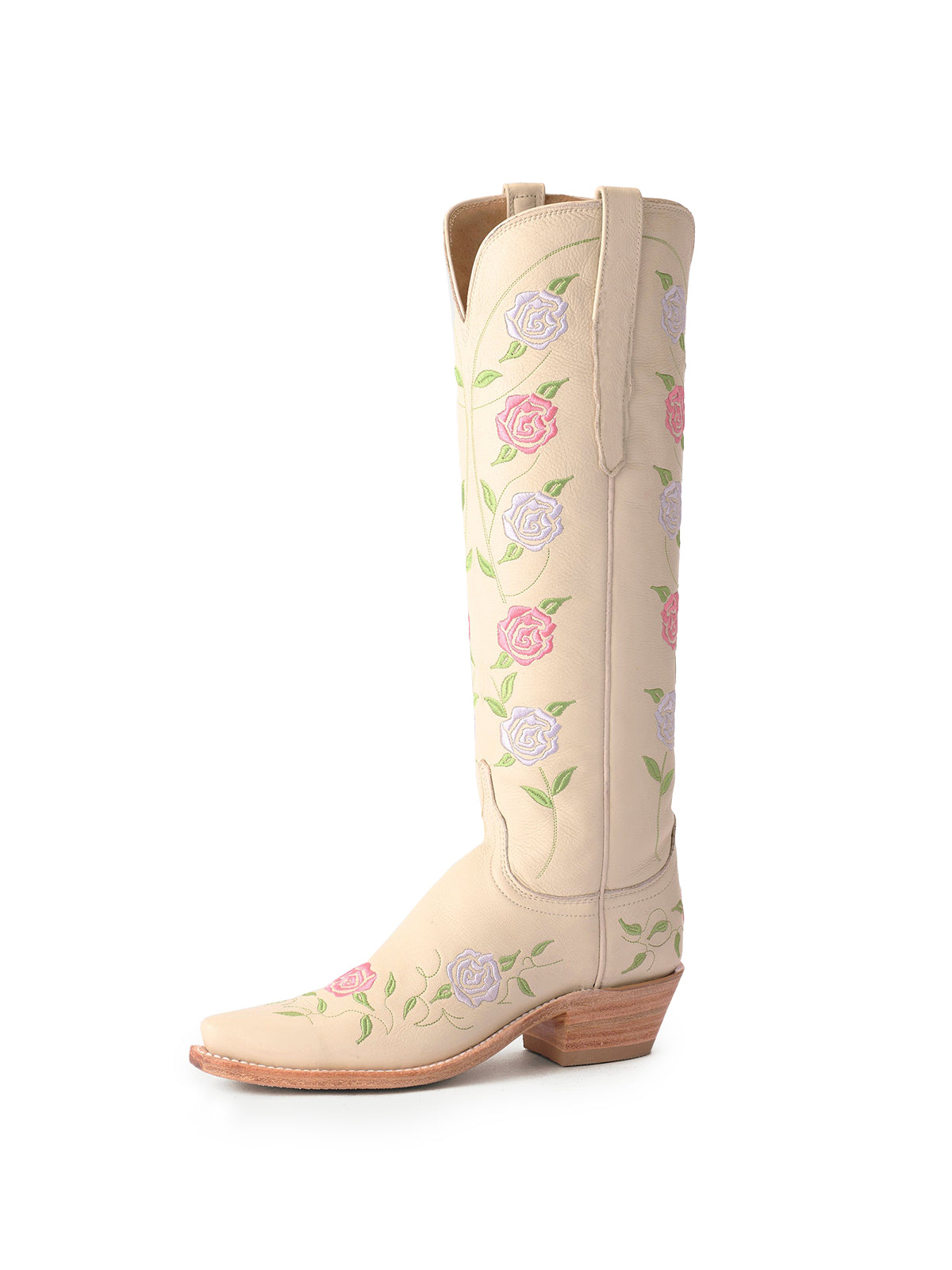 Cream Snip-Toe Rose Embroidery Wide Calf Knee High Cowgirl Boots