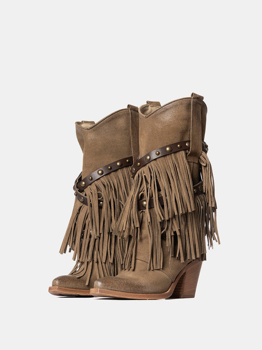 Brown Faux Suede Snip-Toe Studded Straps Fringe Mid Calf Cowgirl Boots