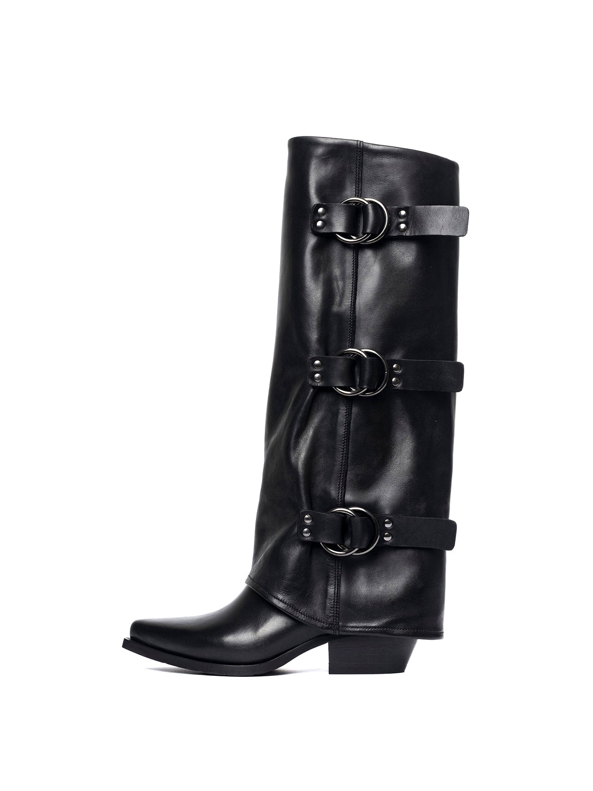 Black Snip-Toe Three Buckle Straps Fold-Over Wide Calf Knee High Cowgirl Boots