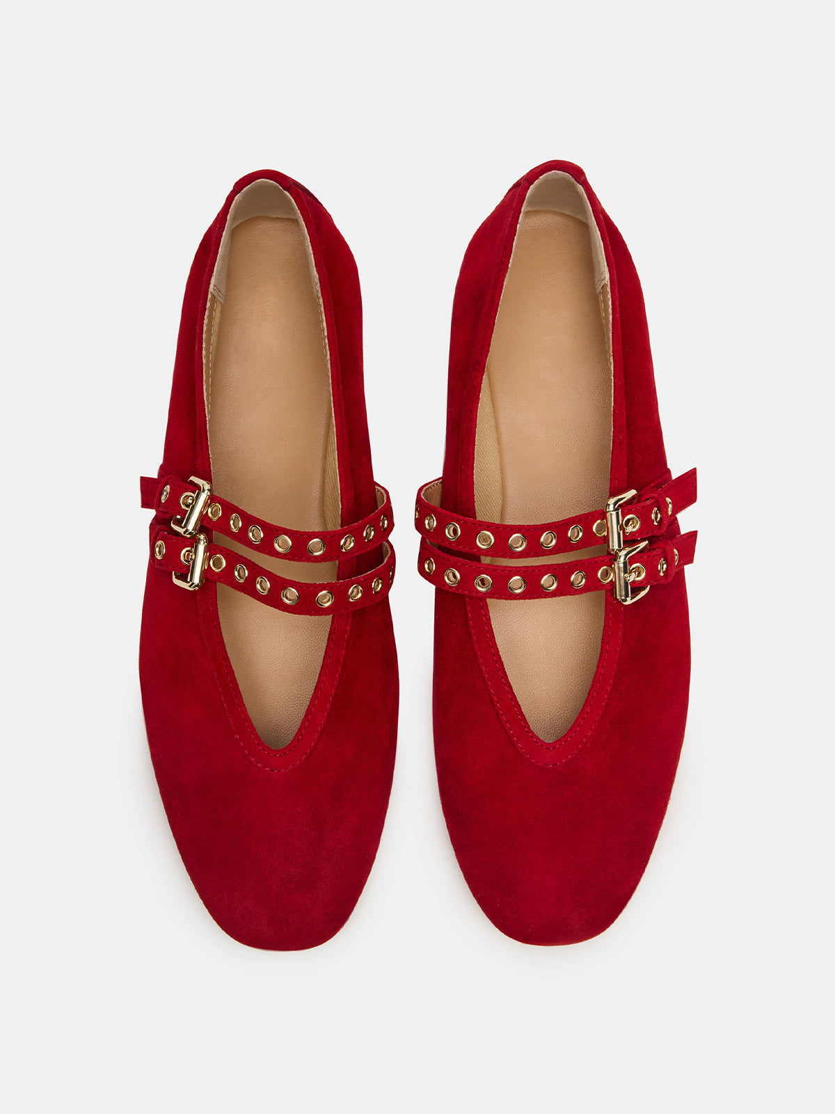 Red Faux Suede Square-Toe Double Bridge Straps Ballet Flats