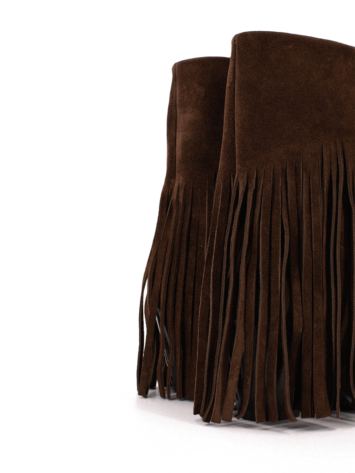 Dark Brown Faux Suede Pointed-Toe Fringe Mid Calf Cowgirl Boots