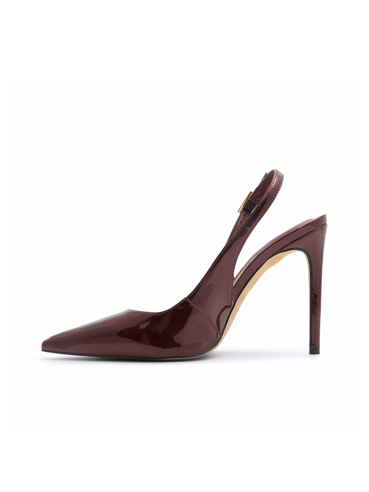 Patent Burgundy Pointed-Toe Classic Buckle Slingback High Heels